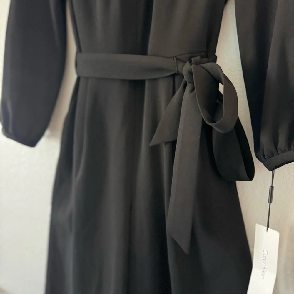 New Calvin Klein Jumpsuit Black Sz 2 Wide Crop High Neck Peep Hole, Tie, Pocket